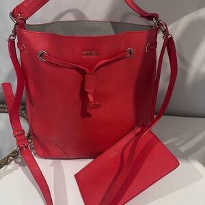 Furla Coral-Red Leather Tote from Milan Italy